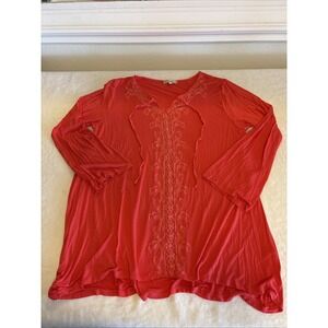 Araza Women's 3X Boho Tunic Top Salmon Pink Embroidered Long Sleeve Plus